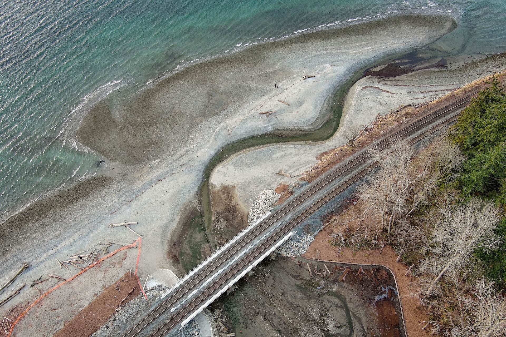 Railroad tracks along shoreline